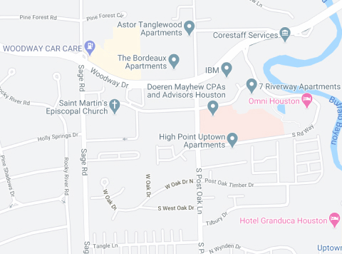 a map of where the Hope and Healing Center is located near Sage Road and Woodway Drive and South Post Oak Lane off of Riverway Drive near The Galleria in Houston, Texas